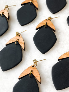 Valentina | Black | Polymer Clay & Wood Single Drop Earrings | Signature Collection